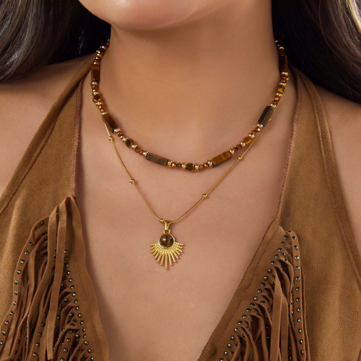 Aesthetic Autumn Brown Natural - Layered Pendant Necklace Aesthetic 评论和价格